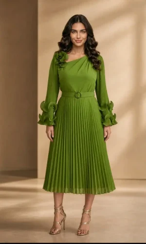 Rochia Amelia – Rochie Verde Plisată Midi cu Floare Decorativă