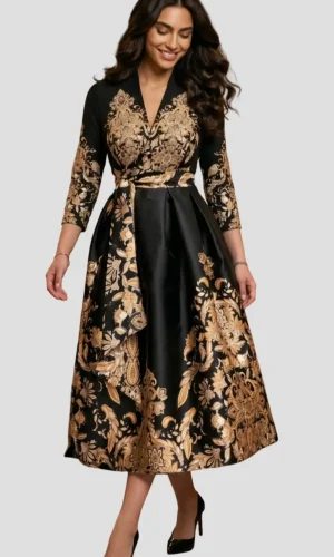 Rochia Victoria – Rochie midi elegantă din tafta neagră cu imprimeu auriu