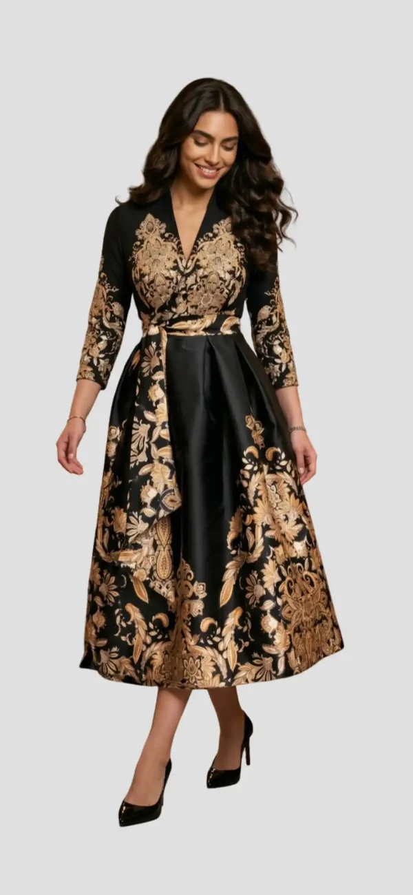 Rochia Victoria – Rochie midi elegantă din tafta neagră cu imprimeu auriu