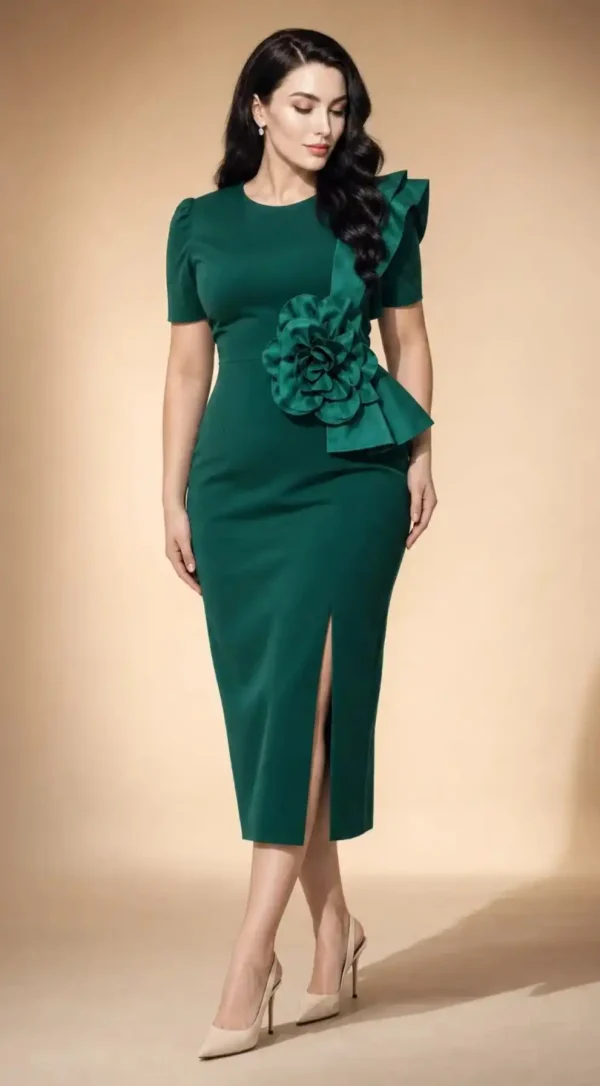Rochie Amira Verde Elegantă Midi cu Floare Decorativă și Volan Asimetric