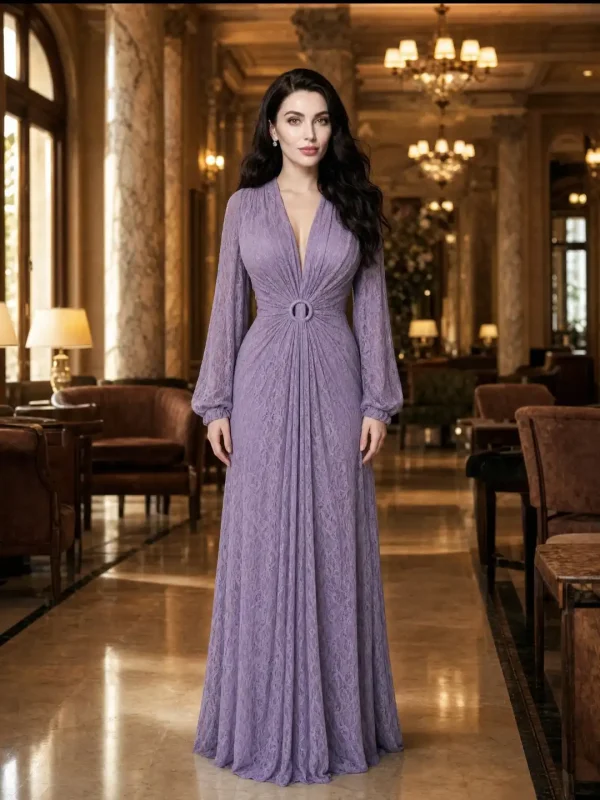 Rochie Selena lungă elegantă lila din dantelă | Rochie de ocazie Selena - imagine 2