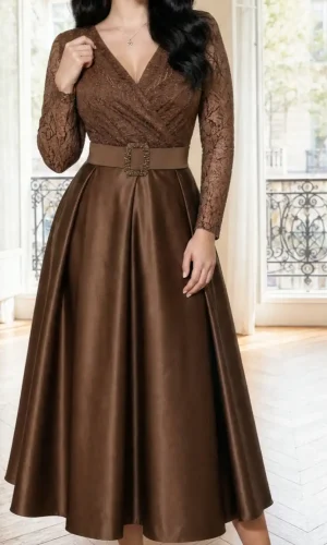 Rochie Elegantă de Nuntă Maro Ciocolatiu cu Dantelă Evelyn