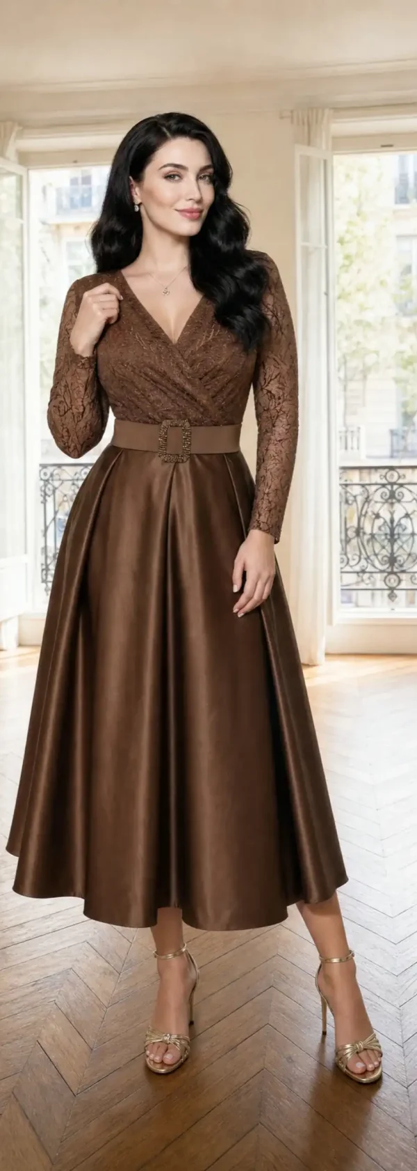 Rochie Elegantă de Nuntă Maro Ciocolatiu cu Dantelă Evelyn