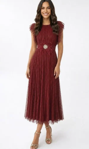 Rochie Elegantă de Seară Bordo Midi Plisată cu Broșă Melody