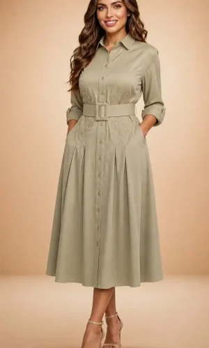 Rochie Bella Verde Kaki cu Broderie și Curea în Talie
