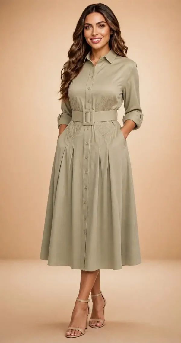 Rochie Bella Verde Kaki cu Broderie și Curea în Talie