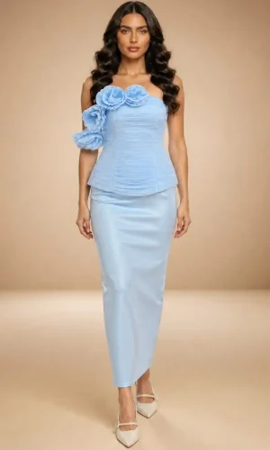 Rochie bleu de seară cu aplicații florale 3D Isabella