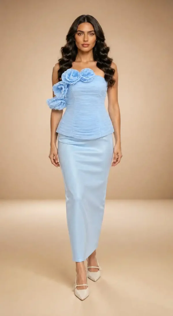 Rochie bleu de seară cu aplicații florale 3D Isabella