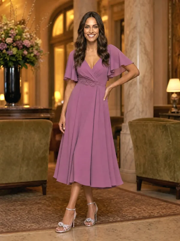 Rochie De Ocazie Lila cu Talie Detaliată și Mâneci Fluture