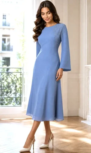 Rochie de ocazie midi albastră cu aplicații strălucitoare Ciela