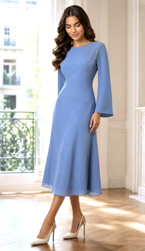 Rochie de ocazie midi albastră cu aplicații strălucitoare Ciela