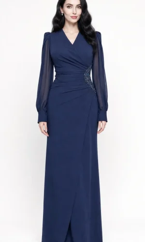 Rochie de seară lungă bleumarin Anastasia cu mâneci din voal