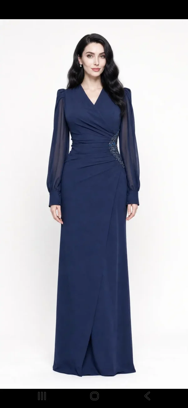 Rochie de seară lungă bleumarin Anastasia cu mâneci din voal