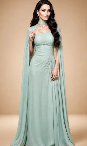 Rochie de seară lungă verde menta CELESTIA  cu pelerină vaporoasă