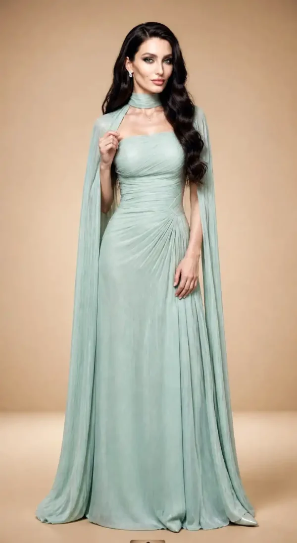 Rochie de seară lungă verde menta CELESTIA cu pelerină vaporoasă