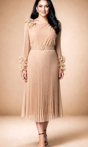 Rochie de zi nuntă bej midi plisată cu flori 3D Sienna