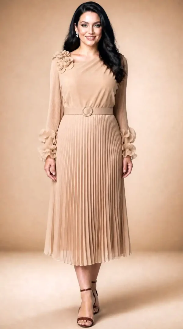 Rochie de zi nuntă bej midi plisată cu flori 3D Sienna