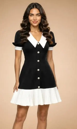Rochie elegantă cu guler alb Elba cu nasturi perlă și croială feminină