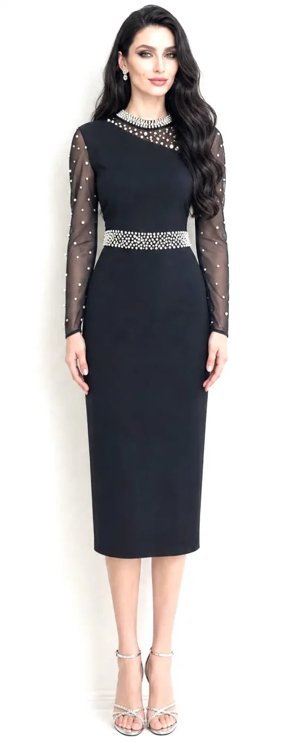 Rochie elegantă neagră cu perle Amely