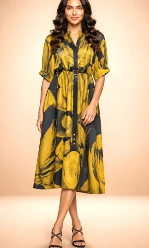 Rochie elegantă satinată AURA cu imprimeu floral și croială midi