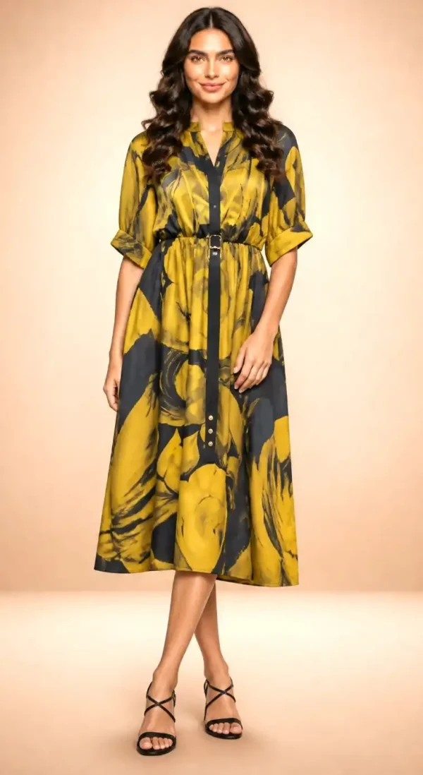 Rochie elegantă satinată AURA cu imprimeu floral și croială midi