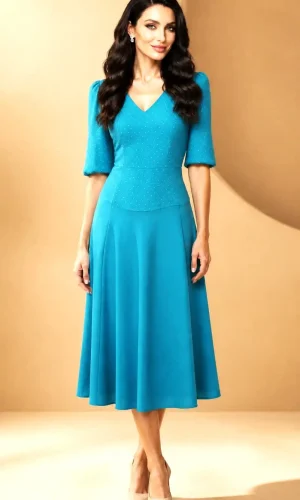 Rochie matase de ocazie turcoaz cu mâneci elegante Corina