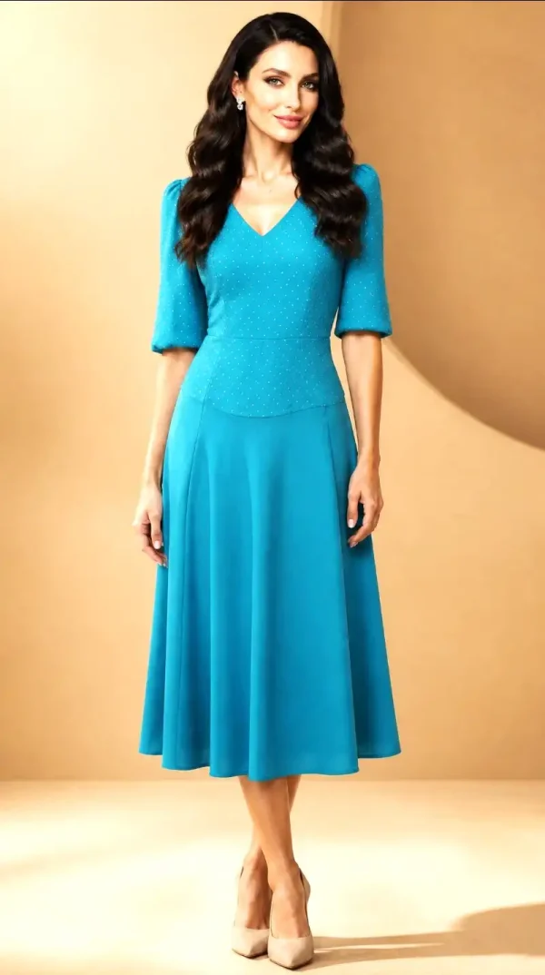 Rochie matase de ocazie turcoaz cu mâneci elegante Corina