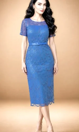 Rochie Midi Albastră Elegantă cu Broderie din Mărgele – Serena