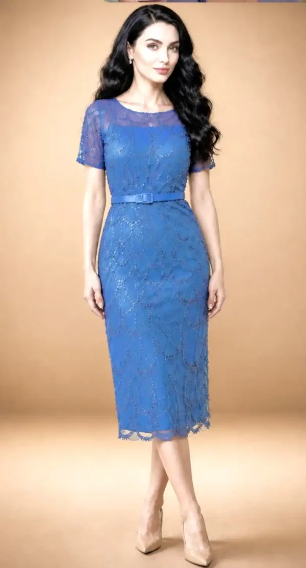 Rochie Midi Albastră Elegantă cu Broderie din Mărgele – Serena