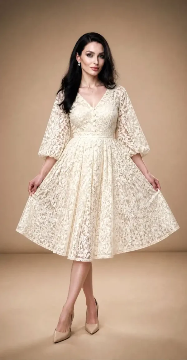 Rochie midi dantelă ivoire eleganta cu mâneci bufante Classy - imagine 2