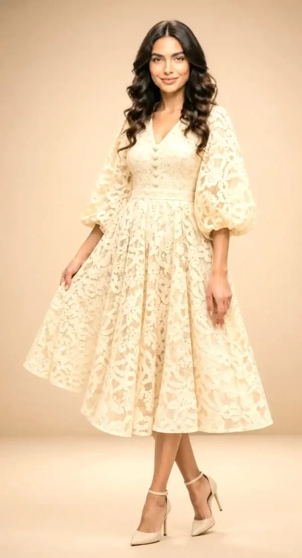 Rochie midi dantelă ivoire eleganta cu mâneci bufante Classy