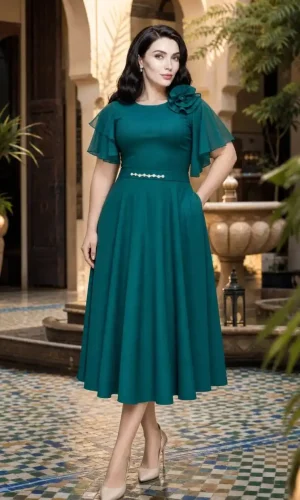 Rochie midi verde elegantă cu mâneci vaporoase Emerald