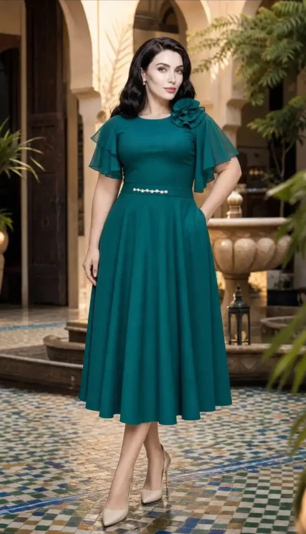 Rochie midi verde elegantă cu mâneci vaporoase Emerald
