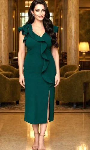 Rochie Midi Verde Smarald cu Volane Elegance