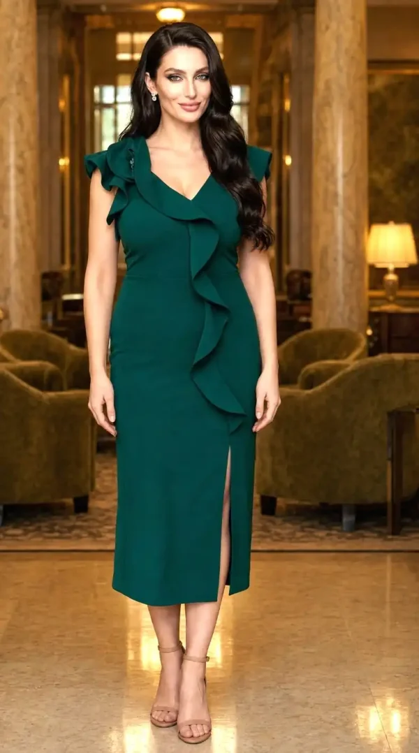 Rochie Midi Verde Smarald cu Volane Elegance